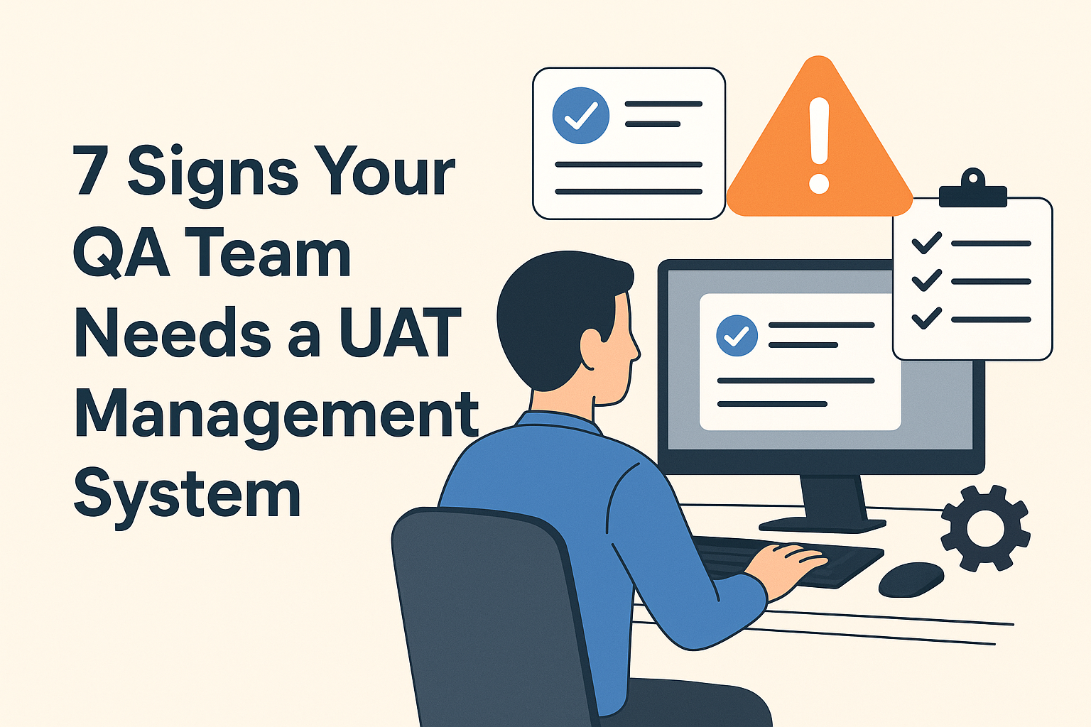 QA professional working on a computer with UAT management system interface, checklists, and warning signs